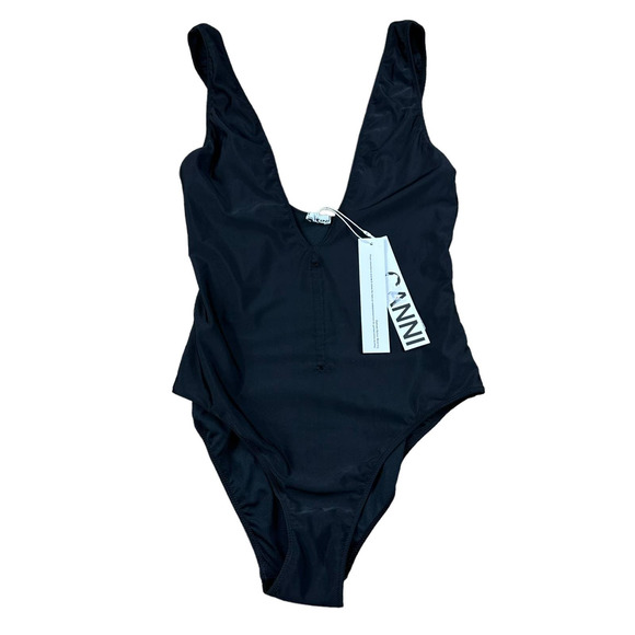 Ganni Other - GANNI Ruched Recycled Fiber One-piece Swimsuit In Black NWT FLAWED Size 34 Small